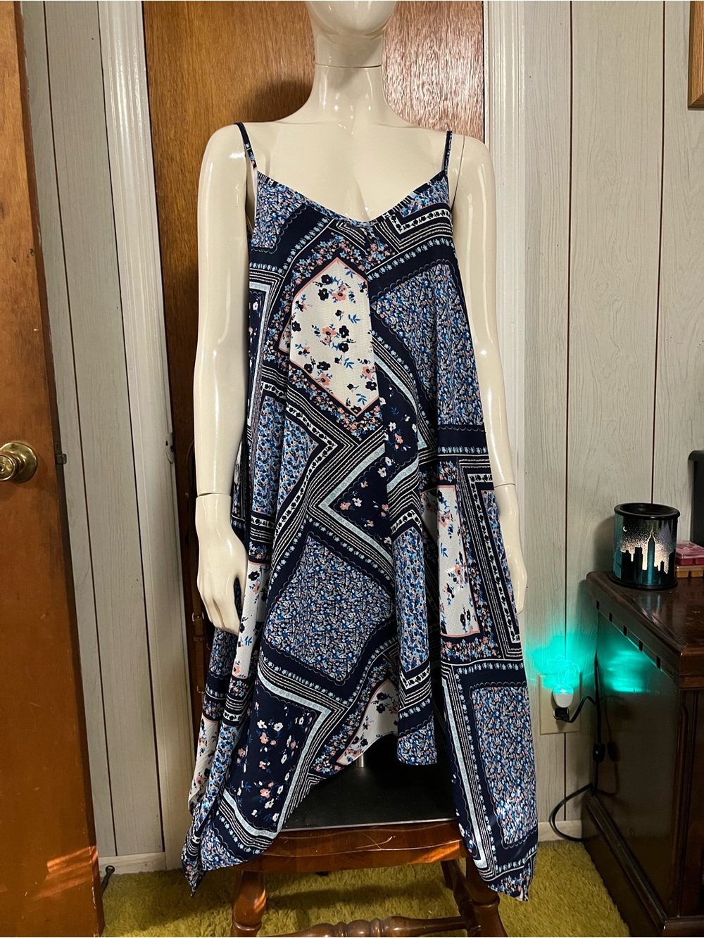 Asymmetrical Navy and White Patchwork Spaghetti-Strap Dress
